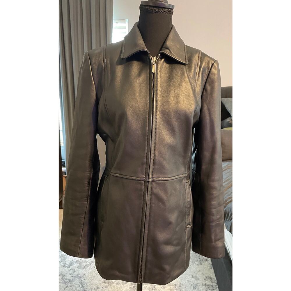 Alfani Black Genuine Leather Jacket S Longline Zip Front Fitted Coat - Picture 2 of 7